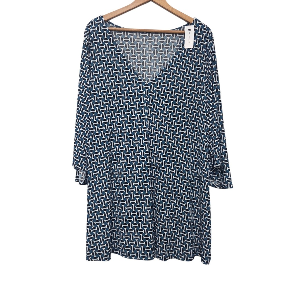 Lane Bryant‎ Tunic Top 22/24 Teal Black Geometric V-Neck 3/4 Bell Sleeve NWT